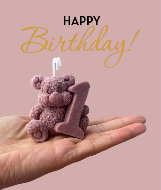 Teddy Bear First Birthday Candle: Handmade Soy Wax Cake Topper. 1st Birthday Candle.