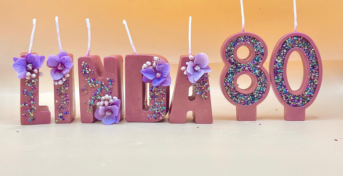 Personalized Letter Candles: Soy Wax Letter Candles with Glitter & Flowers. Custom Name Candles. Cake Topper.
